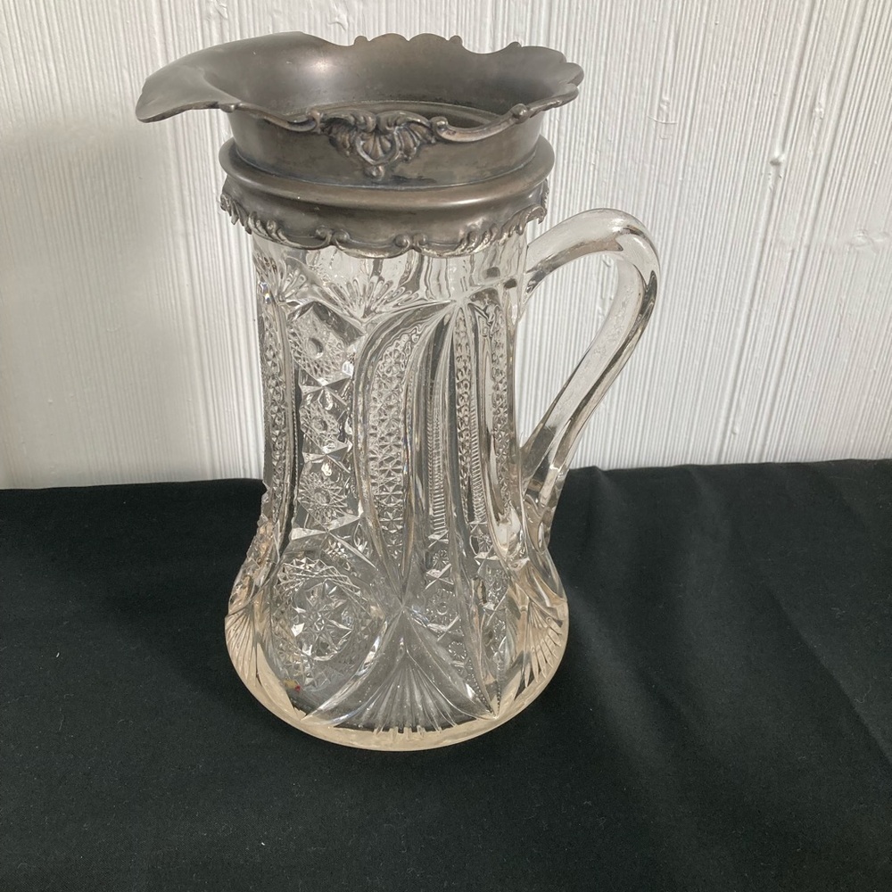 Vintage EAPG Large Glass Pitcher with Silver Plate Accents